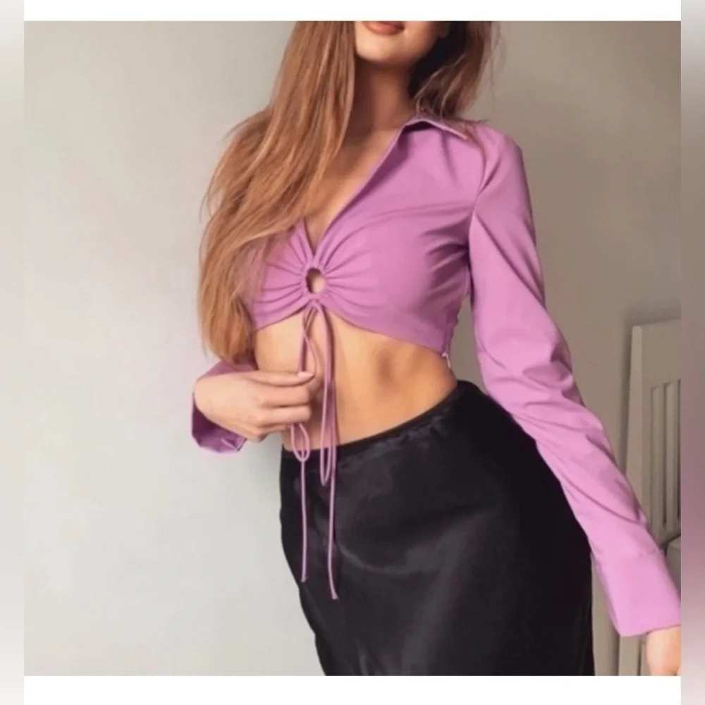 Zara Womens Lavender Lilac Collared Long Sleeve Ring Detail Crop Top Small NWT